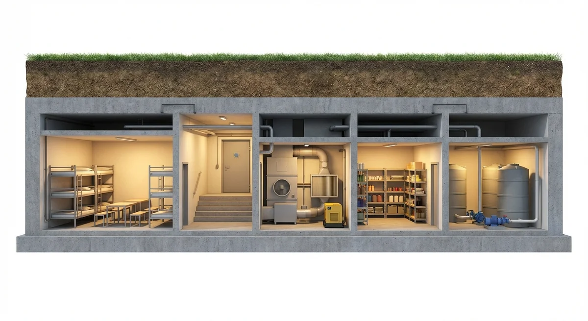 Sección transversal del refugio subterráneo: dormitorios, sala técnica, almacén y depósitos de agua